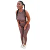 Kvinnors tvåbitar byxor Summer Women Set Sport Casual Outfit Set for Crop Top and Leggings Sportwear BodyCon Brown Tracksuit