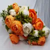 Decorative Flowers 2X 13HEADS White Orange Artificial Peony Flower Silk Bouquet Green Leaves Party Wedding Decor Fake Plant Ivy Decora