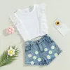 Kledingsets Peuter Kids Baby Girls Summer 2pcs Outfit Witte ruches Mouw geribbelde tops Daisy Print denim shorts 1-6t