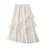 Skirts Elegant Women White Skirt 2023 Irregular Chiffon Ruffled High Waist Pleated Midi Female Cake A- Line Long Summer