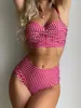 Bikinis da cintura alta da cintura alta feminina 2023 Mulheres Gingham Principed Swimwear Feminino Sexy Swimsuith Bathers acolchoados fêmeas de maiôs de praia y23