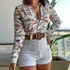 Women's Tracksuits HOUZHOU Elegant Outfit Women Long Sleeve Floral Printed Tie Knot Top Blouse and Shorts Sets Y2K Casual Shirts Female Streetwear Y23