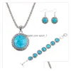 Bracelet Boucles D'oreilles Collier Femmes Perles Rondes Tibétain Sier Turquoise Bracelet Ensemble Gstqs004 Mode Cadeau Style National Femmes Diy Dh7Xp