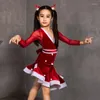 Sahne Giyim Kızlar Latin Dans Elbisesi Kış uzun kolu V-boyun kadife kıyafetleri Noel kırmızı balo salonu performans kostümleri dwy6950