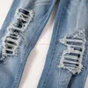 Designer Clothing Amires Jeans Denim Pants Amies High Street Style Light Blue Wash Water Knife Cut Large Damage Patch Slimming Elastic Jeans Mens Fashion Brand Distr