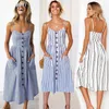 Boho Blumenkleid Sommer Vintage Casual Sommerkleid Weibliches Strandkleid Midi Knopf Rückenfrei Polka Dot Gestreiftes Damenkleid