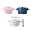 Bowls Two Ear Noodles Bowl Ceramic Line Pattern Simple Style Microwave Air Fryer Soup Baking Container Tableware Pink