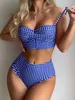 Bikinis da cintura alta da cintura alta feminina 2023 Mulheres Gingham Principed Swimwear Feminino Sexy Swimsuith Bathers acolchoados fêmeas de maiôs de praia y23