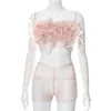 Chándales de mujer Echoine Pink Feather Strapless Crop Top y pantalones cortos Sheer Mesh Fishnet Conjunto de dos piezas Trajes Party Night Clubwear Summer C