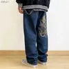 Men's Jeans Men's Jeans Vintage Embroidered Dragon Print Mens Oversized Y2K Pants Hip Hop Streetwear Wide Leg Skateboard Holes Loose L230520