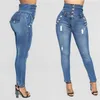 Jeans da donna Plus Size Stretch Women Hole Denim Bottoni a vita alta Pantaloni femminili Slim Elastic Blue Skinny Pencil