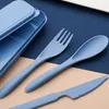 Servisuppsättningar 0210 sked gaffel kniv vete halm bestick set 3 st med box bärbara resor lunch tabell elever kök