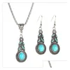 Boucles D'oreilles Collier Femmes Creux Goutte Tibétain Sier Turquoise Ensemble Gstqs021 Cadeau De Mode Style National Femmes Diy Ensembles De Bijoux Livrer Dhonm