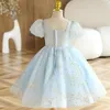 Fille Robes 1-12Y Enfants Tulle Robe Formelle Col En V Manches Bouffantes A-ligne Fleur Robe Enfants Étoiles Appliques Robe De Bal Pour La Fête De Mariage