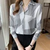 Women's Blouses Franse klassieke geometrische gestreepte geprinte satijnen blouse vrouwen herfst 2023 zwaar zijde shirt lange mouwen