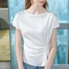 Chemisiers pour femmes T-shirt à manches courtes en mousseline de soie chemise femme été 2023 femmes doux soyeux Satin plissé français taille écrémage haut chemisier