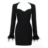 Casual Dresses Sexy Rayon Pink Feather Long Sleeve V-Neck Bodycon Bandage Dress For Women Winter Elegant Celebrity Cocktail Party Mini