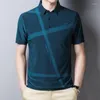 Men's Polos #6001 Summer Striped Printed Shirt Men Slim Business Short Sleeve Middle-aged Dad Polo Buttons Black Blue Green Pink