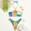 Kvinnors badkläder Sexig Tange Bikini Set Women Swimsuit 2023 Ny Halter Striped Patchwork Push Up badkläder Brasiliansk Summer Beachwear Bathing Suit T230524