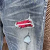 Ubrania od projektantów Dżinsy Amires Spodnie dżinsowe Fashion Man Amies New 23ss Hole Red Patchwork Mx2 High Street Cut Cut Slim Skinny Jeans Man Distressed Ripped Skinny Moto