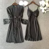 Damen-Nachtwäsche, weißes Satin-Robe-Set, sexy V-Ausschnitt, Kimono-Kleid, Frauen, Spitze, 2 Stück, voller Slip, Schlaf, Femme, NightyRobe, Heimkleidung