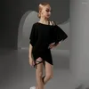 Scen slitage randig en sida axel lös design barn latin dansklänning för tjejklänningar tävling balsal dans kostym NY24 2319