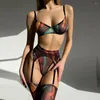 BRAS SETS TIE-DYE EROTIC LINGERIE 5-PEECT SET LADIES SEXY LACE Underkläder med strumpor handskar Kvinnor Sleepwear Transparenta BH-kläder