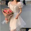 Basic Casual Dresses Elegant Korean White Dress Women Hollow Out Evening Bandage Y Sweet Mini 2022 Summer Designer Pretty Party Dr Dhfdp
