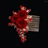 Bandanas Crystal Headpiece Red Hair Plug Flower Comb Pearls 15x5cm Wedding Side Brudtyg Brud