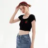 Women's T Shirts Cherry Embroidery Short Sleeve T-shirt U Neck Black Slim Waist Bare Pure Desire Spice Girl Style Girls Top Summer