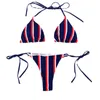 Mini bikini a righe sexy da donna 2023 New Triangle Cup Hanger Two Piece Low Rise Lace Back Beach Costumi da bagno YQ8016 P230525