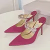 Brand Designer Slippers Women Pointed High Heels Thin-heeled Crystal Diamond Slides Fashion Versatile Slippers One Pedaling Baotou Sandals