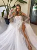 Boho Una línea Vestidos de novia Ilusión Mangas Apliques Hendidura Tul diseñador boda vestidos de novia