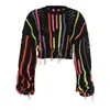Pulls pour femmes rue gland tricot coton pull pour femmes Design coloré rayé frange pull ample surdimensionné Blouse Y2K 2023