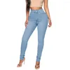 Frauen Jeans Frauen Hohe Taille Slim Fit Hosen Elastische Butt-angehoben Taschen Dame Neunte Weibliche Retro Blaue Hose