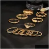 Bande Anneaux 12 Pcs / Lot Boho Rétro Bague Ensemble Pour Femmes Cristal Strass Or Plaqué Mode Vintage Bohême Style Bijoux Usine Dro Dhi5X