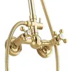 Bathroom Shower Sets Luxury Gold Color Brass Wall Mounted Bathroom 8 Inch Round Rainfall Shower Faucet Set Bath Mixer Tap Hand Shower mgf325 G230525