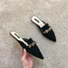 Slippers Brand Designer Shoes Woman Embroider Floral Metal Chains Sandals Ladies Closed Toe Flip Flops Flats Low Heels Slides