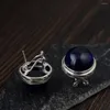 Stud Earrings FNJ Round Blue Corundum 925 Silver Original Pure S925 Sterling Earring Women Jewelry