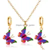 Kolczyki Zestaw Naszyjnik Niebieski czerwony żółty Mticolor Butterfly Sleeper Dangle Earring Wiselant For Women Drop dostawa klejnot dhgarden dhtji