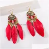 Dangle Chandelier Ethnic Boho Red Black Blue Mticolor Feather Earring For Women Drip Oil Metal Tassel Earrings Jewelry Accessories Dhslh