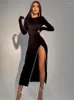 Casual jurken Habbris vallen sexy solide bodycon maxi club outfit voor vrouwen 2023 lange mouw o nek zijsplaraatjurk vrouw