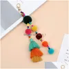 Key Rings Boho Style Colorf Keychains Wooden Beads Pompom Ring With Rainbow Tassel Jewelry For Women Drop Delivery Dhxhs