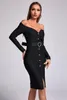 Casual Dresses Off Shoulder Long Sleeve Women Black Mini Bodycon Bandage Dress 2023 Elegant Evening Party Classic med Belt