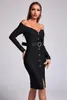 Lässige Kleider Schulterfrei Langarm Frauen Schwarz Mini Bodycon Verbandkleid 2023 Elegante Abendparty Klassisch mit Gürtel