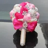 装飾的な花人工ピンクとクリームの結婚式の花束手作った花のラインストーンブライドメイドクリスタルブライダルブーケドマリアージ