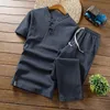Mens Tracksuits Summer Classic Fashion Solid Color Cotton and Linen Twopiece Casual Slim Size High Quality Set M5XL 230524