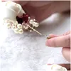 Pins Brooches Ceremony Wedding Prom Cor Flower Rose Brooch Pin Pearl Bow Bride Groom Boutonniere Satin Ribbon Accessory Gift Drop D Dhb3V