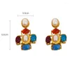 Boucles d'oreilles pendantes colorées ovales résine pierre blanche perle français Vintage élégant métal goutte pour femmes fille fête bijoux HUANZHI