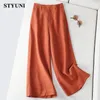 Capris Purple Solid 6 Colors Cotton Linen Wide Leg Women's Pants High Waist Button Pocket Korean Fashion Anklelength Pants for Women